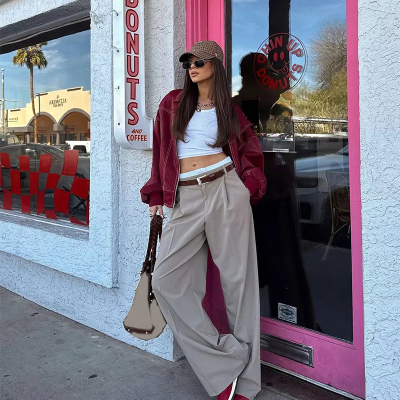 Solid Patchwork Cropped Coats Women Casual Lapel Long Sleeve Loose Zipper Pocket Short Jacket Fashion Autumn Lady Street Outwear