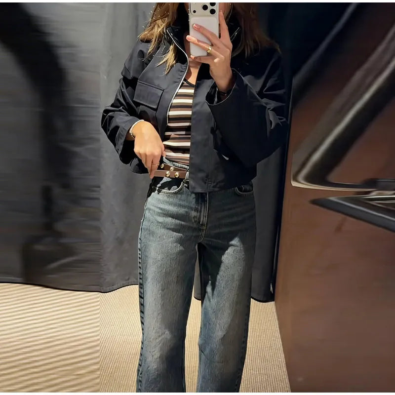 Stand Collar Hidden Button Zipper Cropped Jacket Slouchy Long Sleeve 2026 Spring Chic Commuter Women Outerwear Casual Lady Coat