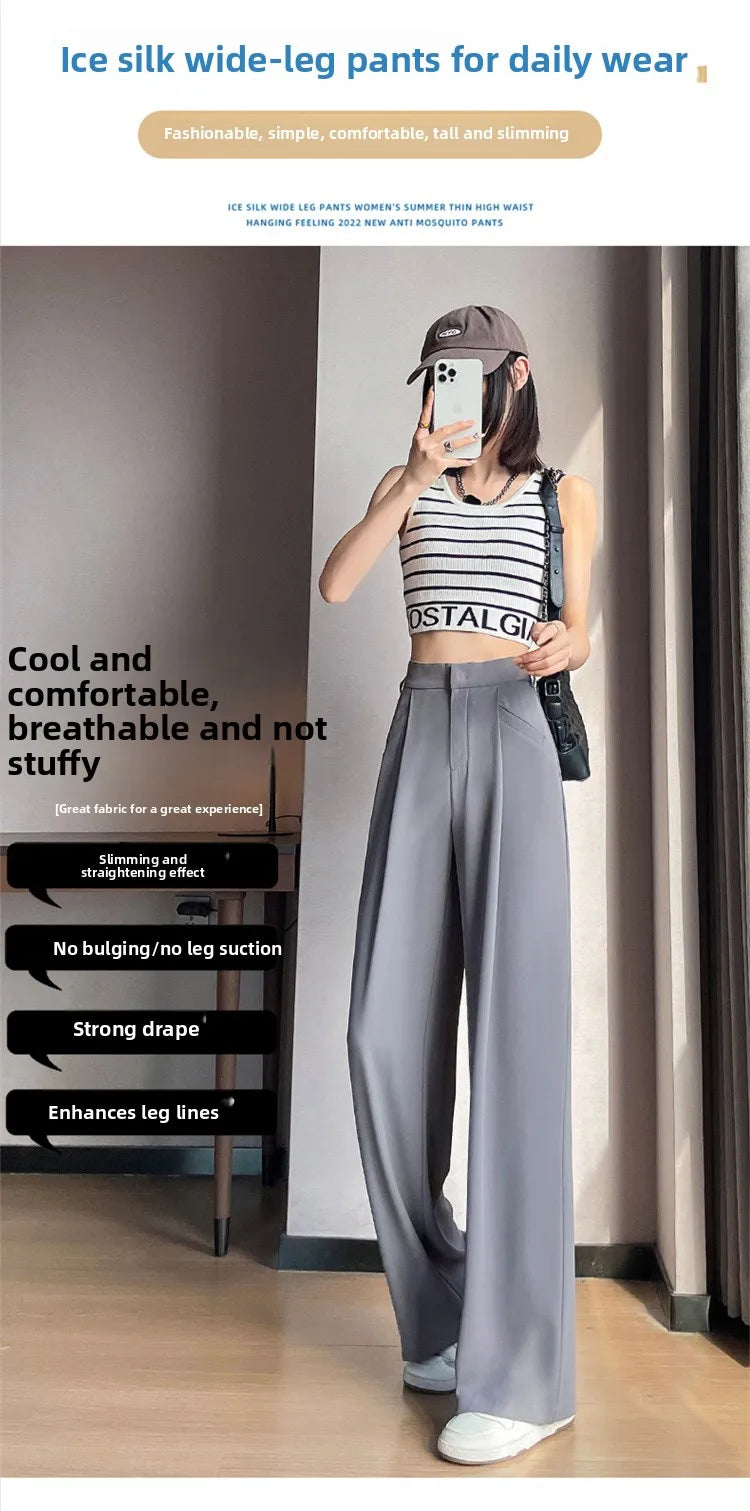 New Ice Silk Thin Straight Leg Suit Pants Women's Summer White Narrow Version XS1452025 High Waist Wide Leg Cotton Blend