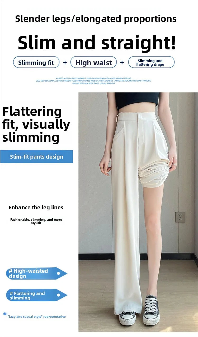 New Ice Silk Thin Straight Leg Suit Pants Women's Summer White Narrow Version XS1452025 High Waist Wide Leg Cotton Blend