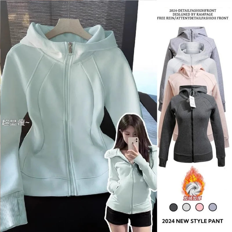 Slim Fit Hoodie Jacket Women's Spring Autumn Versatile Shoulder Length Waist Cinched Sporty Open Cardigan Hooded Top