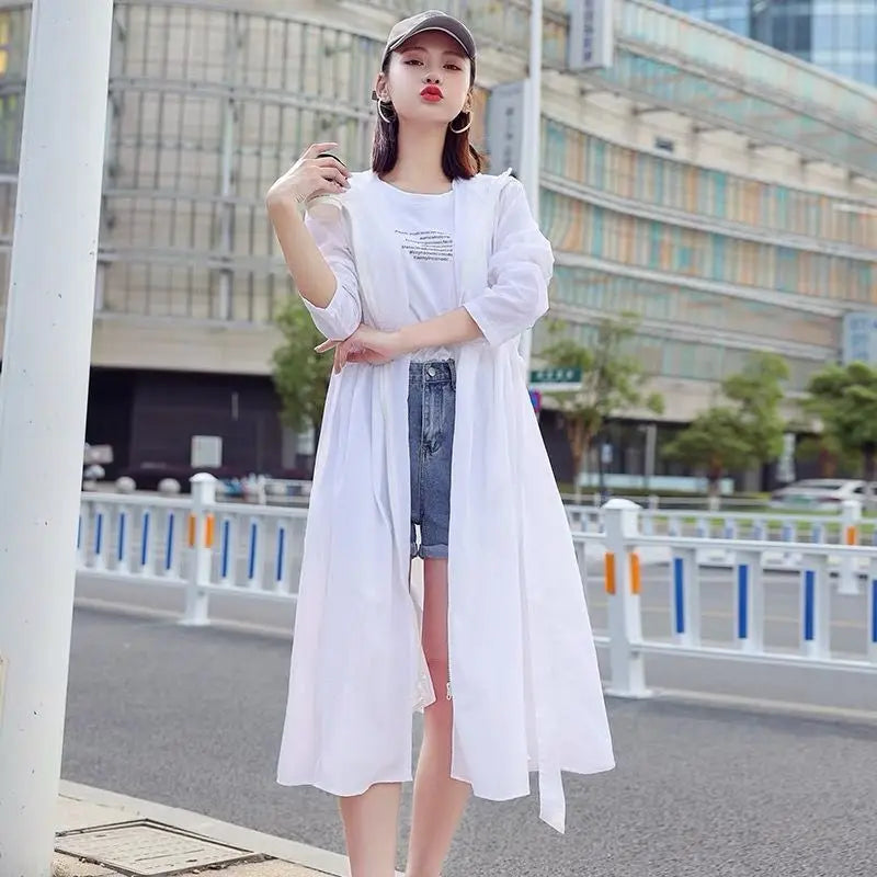 Women Clothing 2024 Women's Ultra-thin Windbreaker Mid-length Summer Sun Protection Clothes Coat Trend Korean Anti-UV Sun Cloak