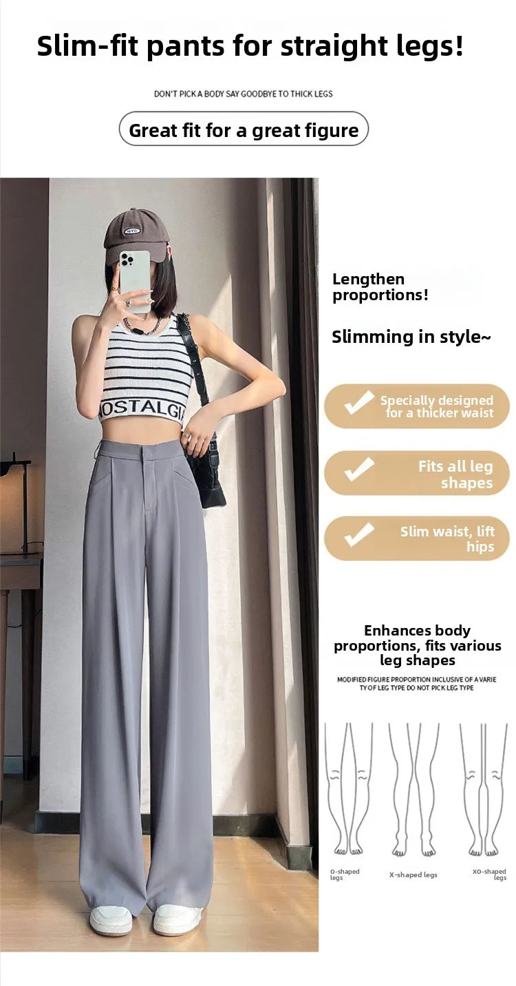 New Ice Silk Thin Straight Leg Suit Pants Women's Summer White Narrow Version XS1452025 High Waist Wide Leg Cotton Blend