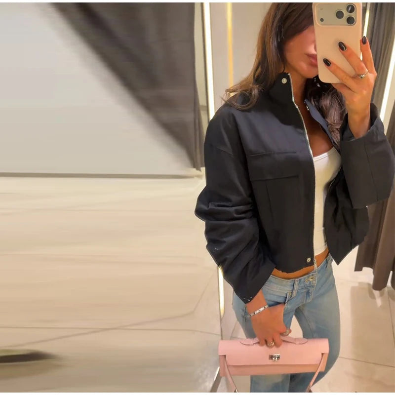Stand Collar Hidden Button Zipper Cropped Jacket Slouchy Long Sleeve 2026 Spring Chic Commuter Women Outerwear Casual Lady Coat