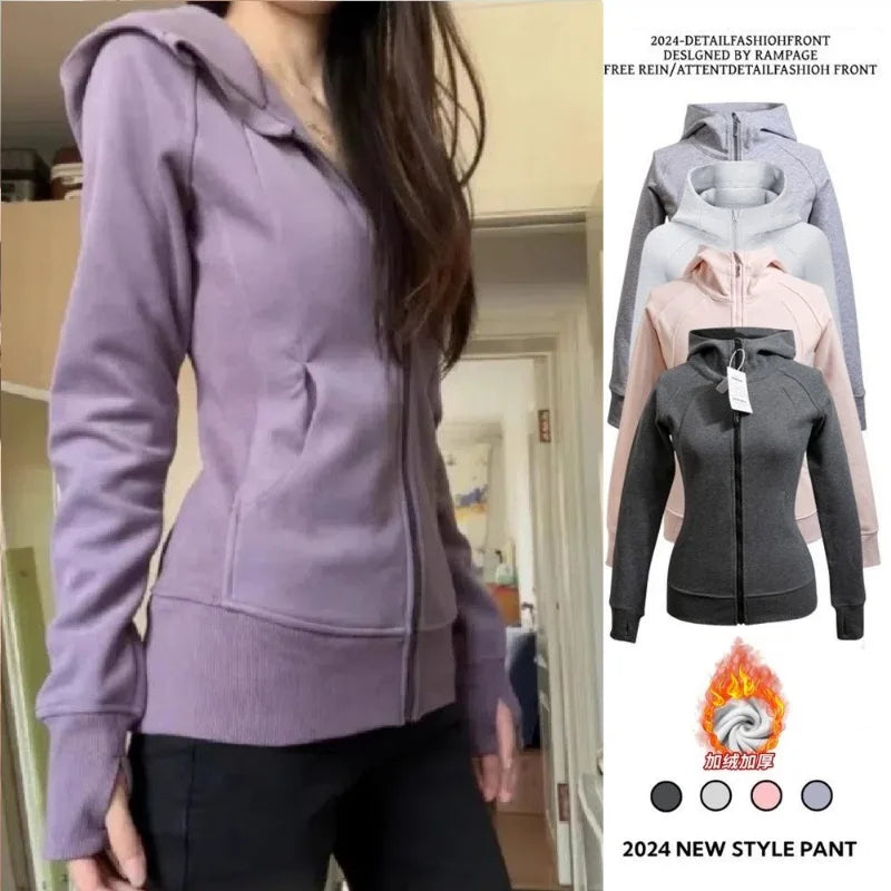 Slim Fit Hoodie Jacket Women's Spring Autumn Versatile Shoulder Length Waist Cinched Sporty Open Cardigan Hooded Top