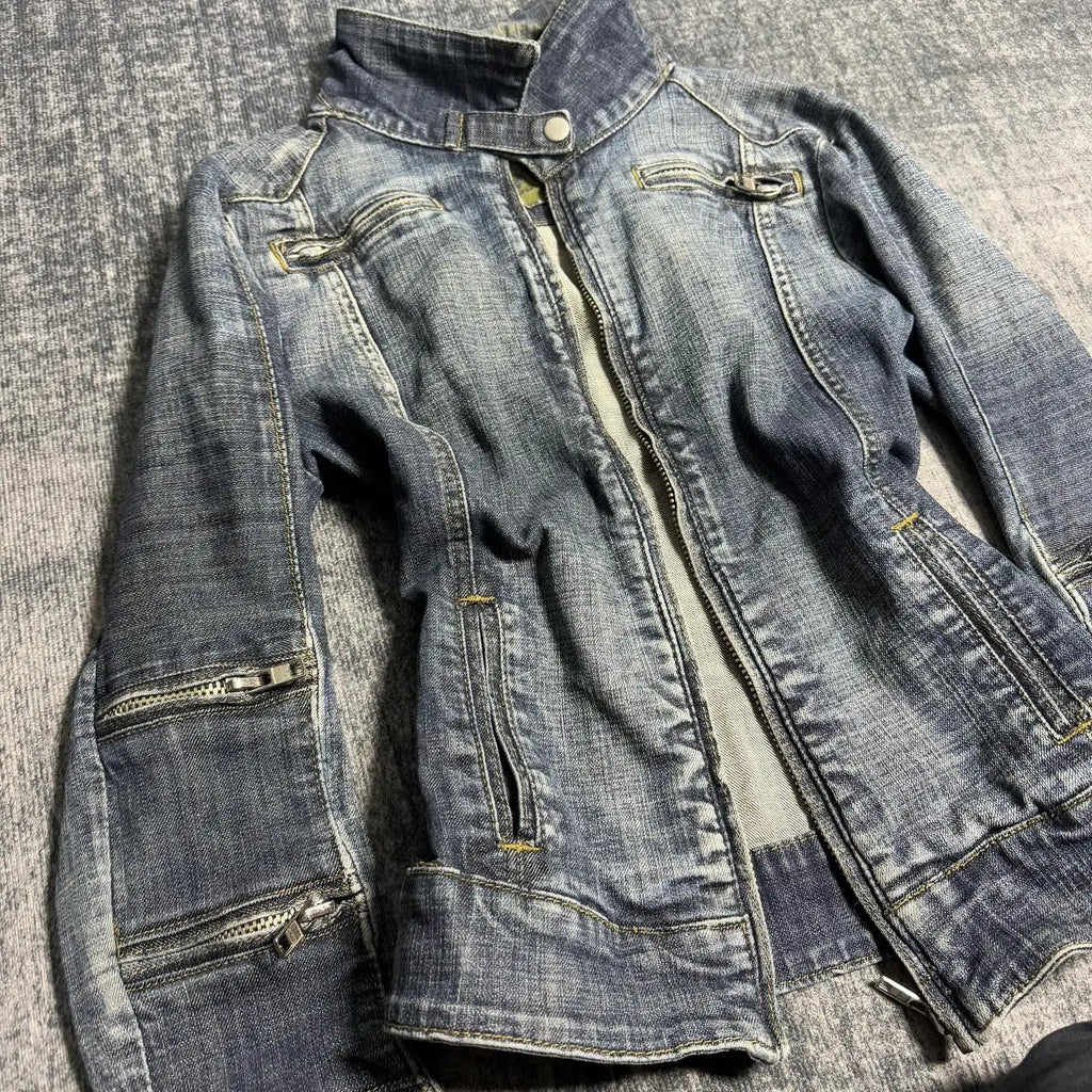 Women Y2K Gothic Punk Streetwear Vintage Washed Denim Coat Multi Zip Stand Collar Slim Waist Cropped Long Sleeve Casual Jacket