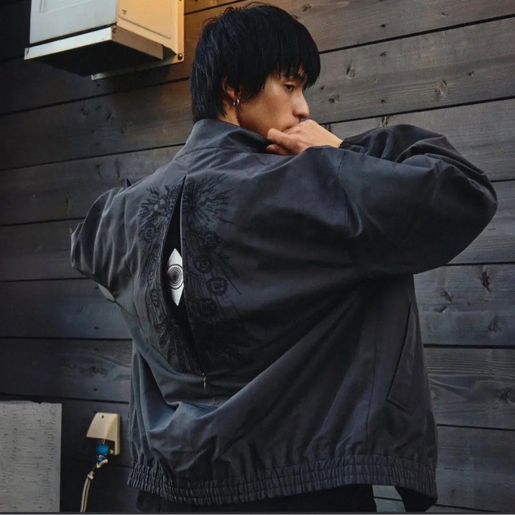 Trendy Black Patterned Embroidered Jacket Y2K Men and Womens Street Style Loose Oversized Casual Jacket with Decorative Details