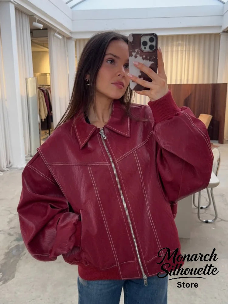 Solid Patchwork Cropped Coats Women Casual Lapel Long Sleeve Loose Zipper Pocket Short Jacket Fashion Autumn Lady Street Outwear