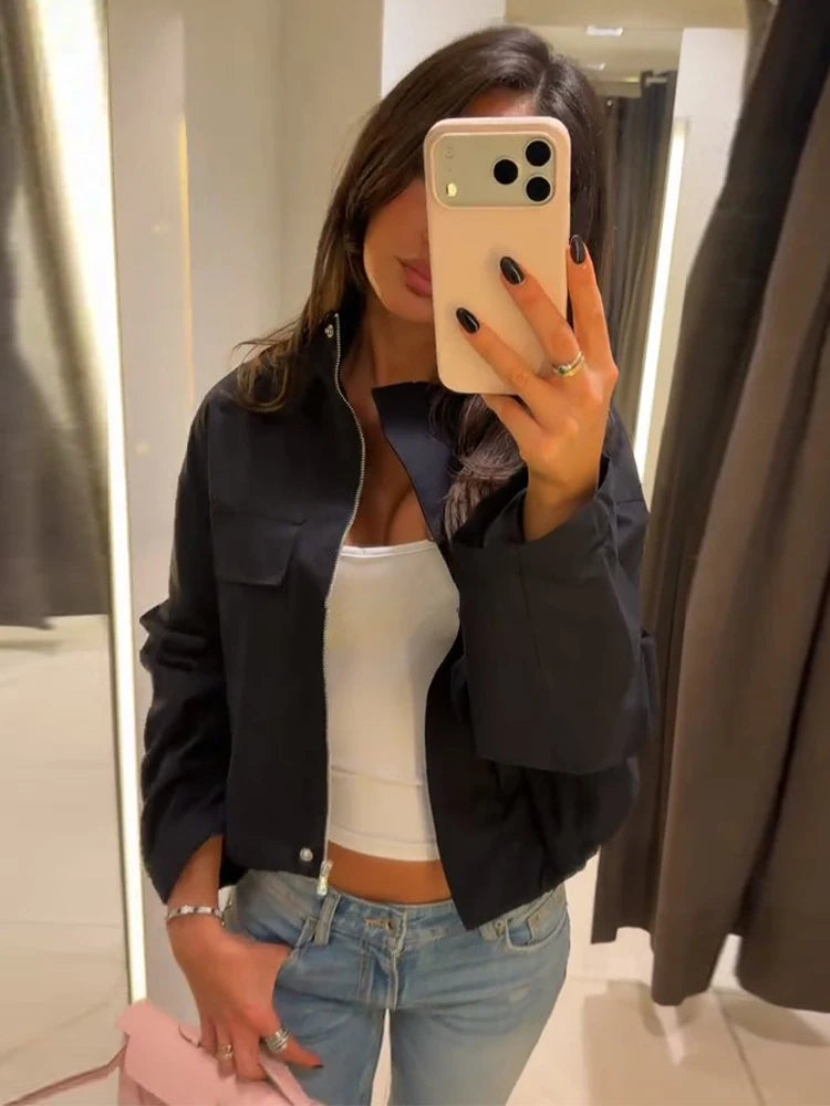 Stand Collar Hidden Button Zipper Cropped Jacket Slouchy Long Sleeve 2026 Spring Chic Commuter Women Outerwear Casual Lady Coat