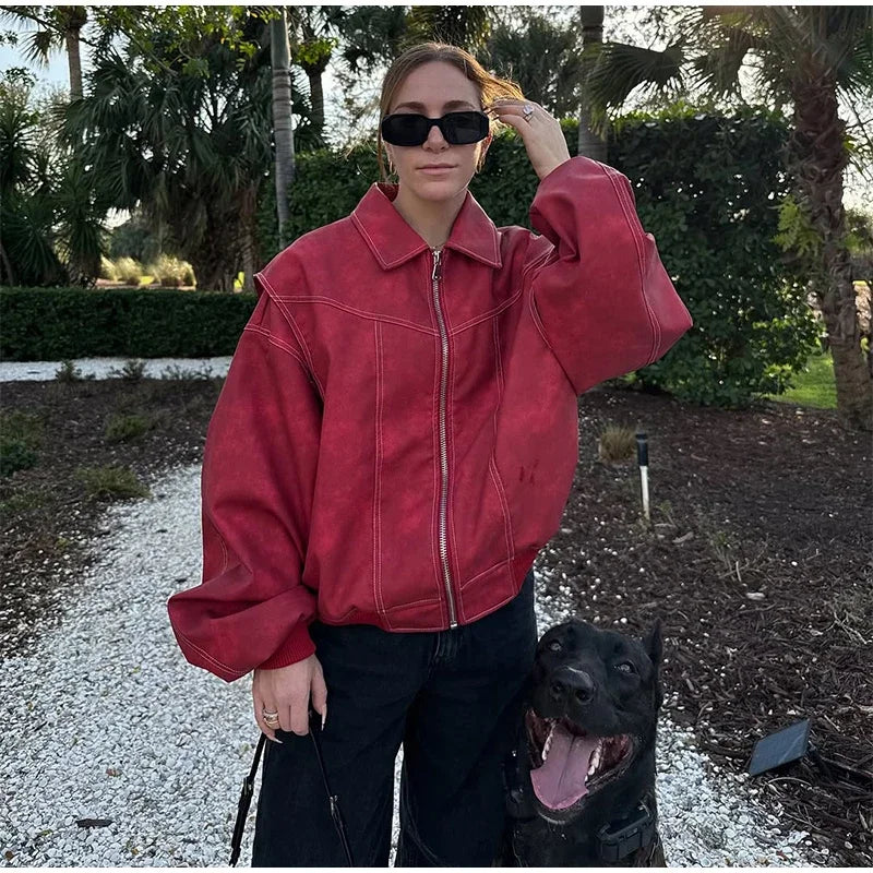 Solid Patchwork Cropped Coats Women Casual Lapel Long Sleeve Loose Zipper Pocket Short Jacket Fashion Autumn Lady Street Outwear