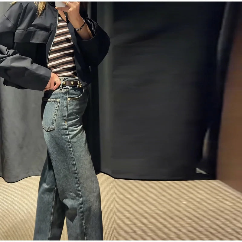 Stand Collar Hidden Button Zipper Cropped Jacket Slouchy Long Sleeve 2026 Spring Chic Commuter Women Outerwear Casual Lady Coat