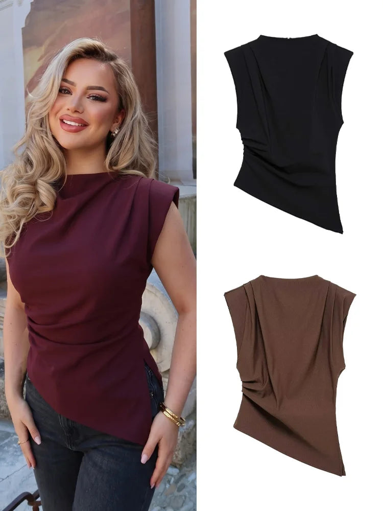 HH Women Fashion Y2K Wine Red Tank Tops Asymmetry Pleated Sleeveless Elegant Vest Summer Back Zipper Chic Slim Streetwear Top