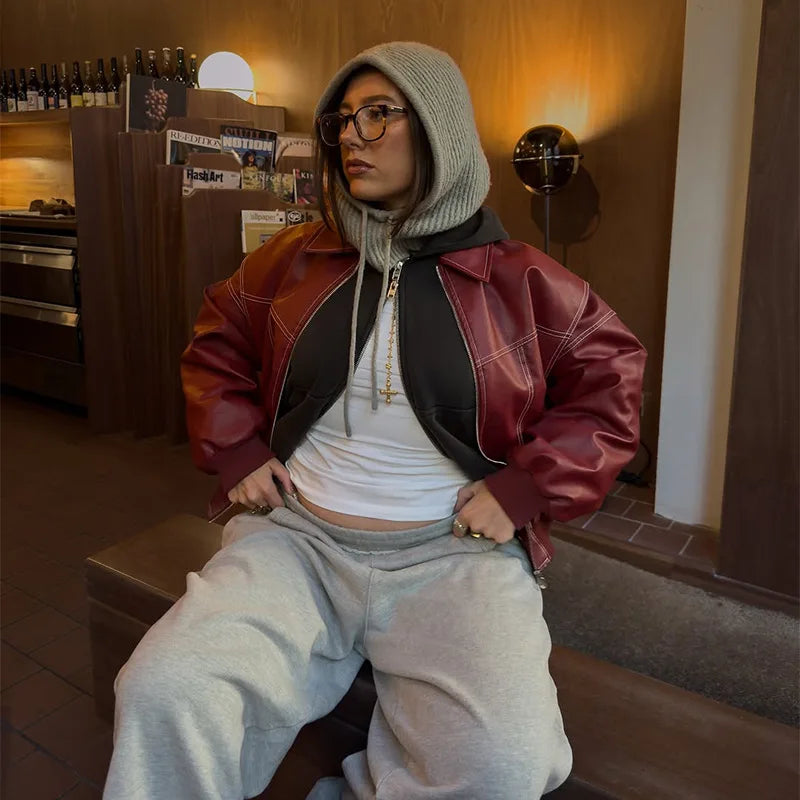 Solid Patchwork Cropped Coats Women Casual Lapel Long Sleeve Loose Zipper Pocket Short Jacket Fashion Autumn Lady Street Outwear