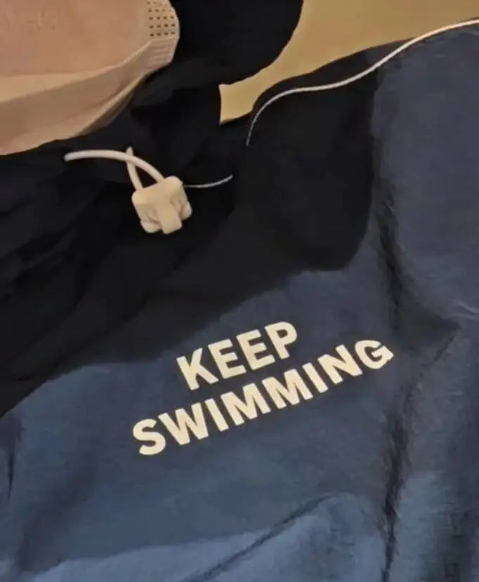 Kpop Keep Swimming Print Zipper Blue Hooded Windbreaker Jacket Men Women Men Outdoor Casual Keep Swimming Coat