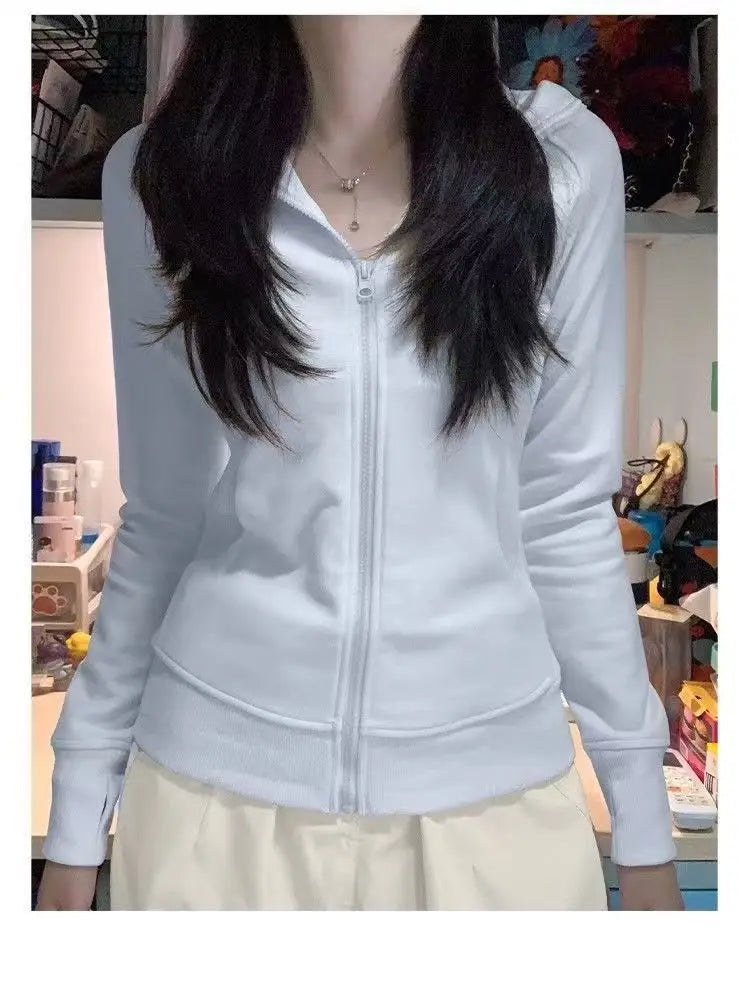 Slim Fit Hoodie Jacket Women's Spring Autumn Versatile Shoulder Length Waist Cinched Sporty Open Cardigan Hooded Top
