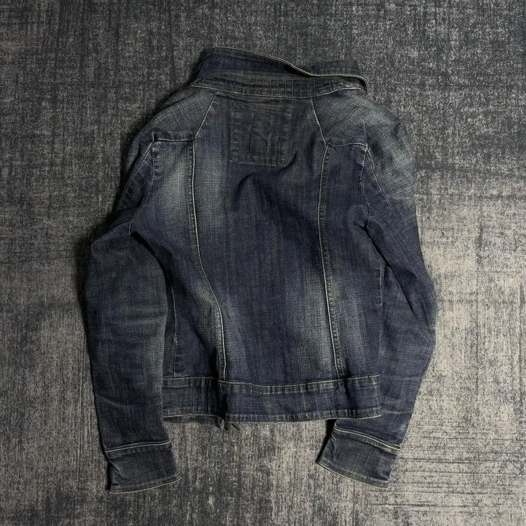 Women Y2K Gothic Punk Streetwear Vintage Washed Denim Coat Multi Zip Stand Collar Slim Waist Cropped Long Sleeve Casual Jacket
