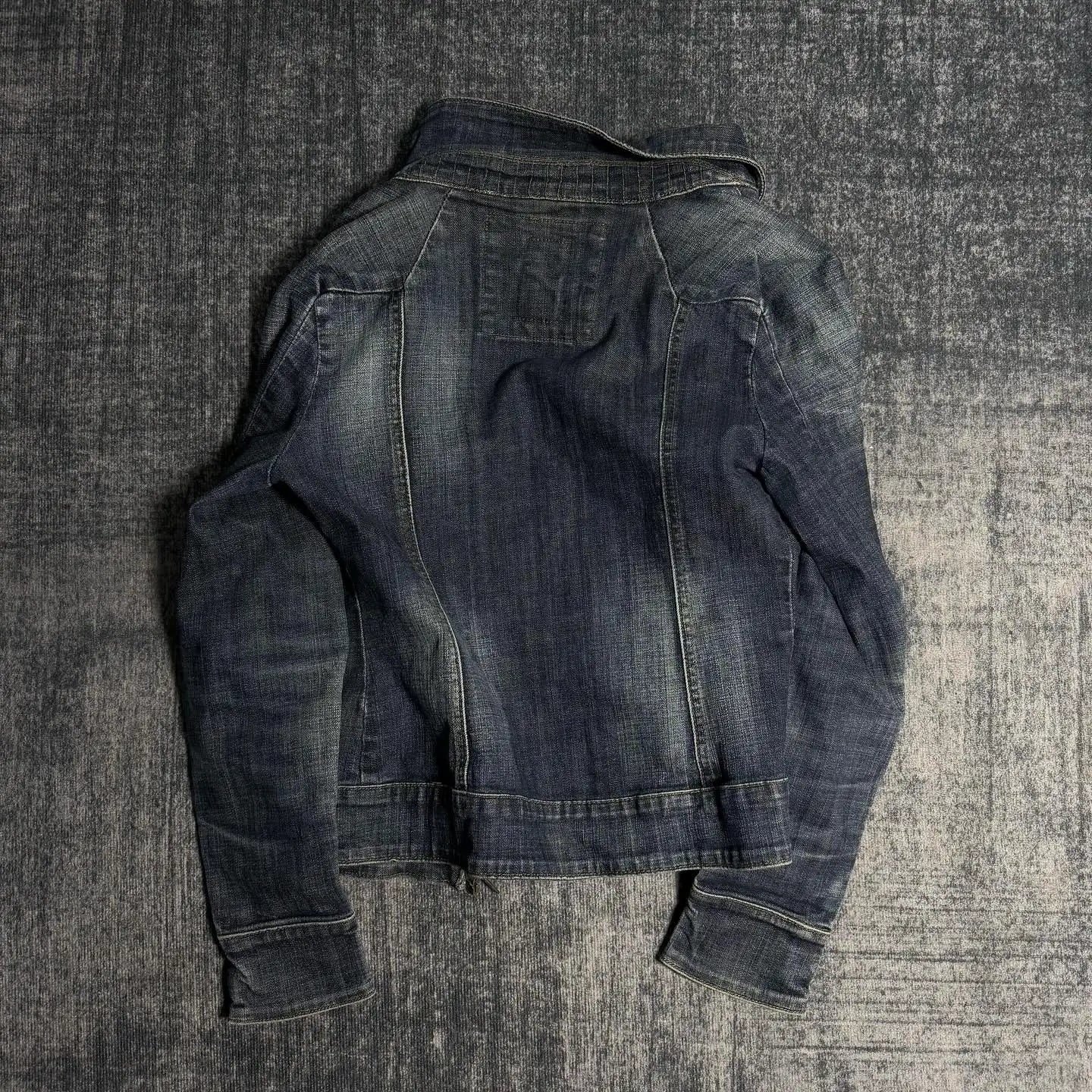 Women Y2K Gothic Punk Streetwear Vintage Washed Denim Coat Multi Zip Stand Collar Slim Waist Cropped Long Sleeve Casual Jacket