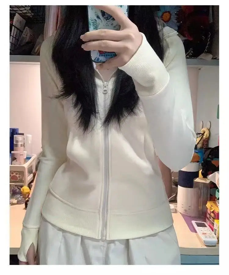 Slim Fit Hoodie Jacket Women's Spring Autumn Versatile Shoulder Length Waist Cinched Sporty Open Cardigan Hooded Top