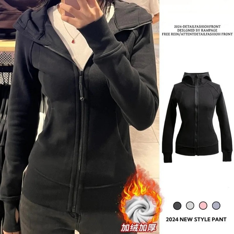 Slim Fit Hoodie Jacket Women's Spring Autumn Versatile Shoulder Length Waist Cinched Sporty Open Cardigan Hooded Top