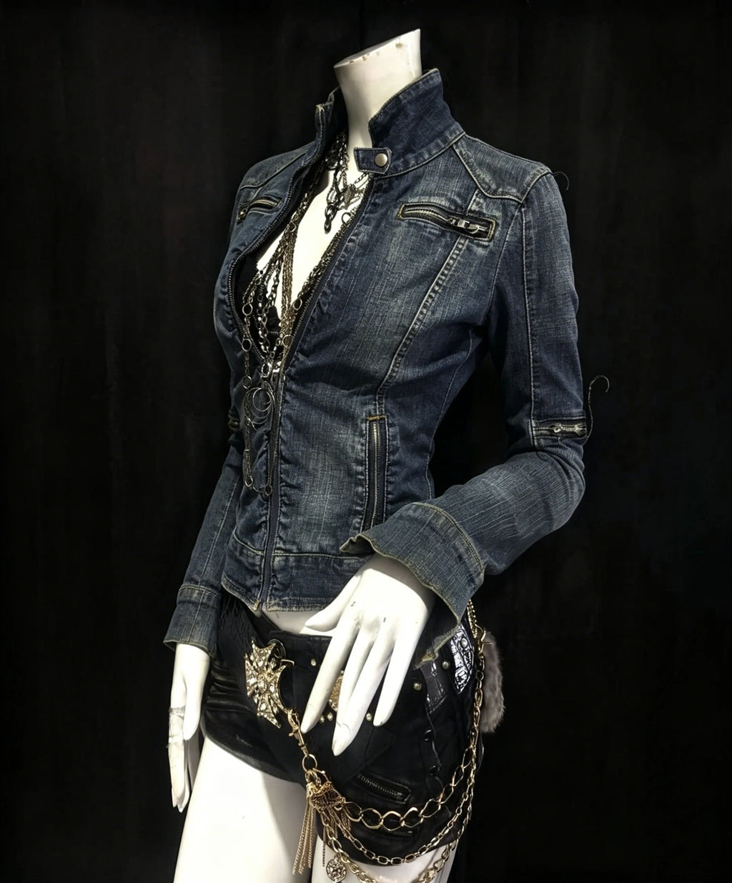 Women Y2K Gothic Punk Streetwear Vintage Washed Denim Coat Multi Zip Stand Collar Slim Waist Cropped Long Sleeve Casual Jacket