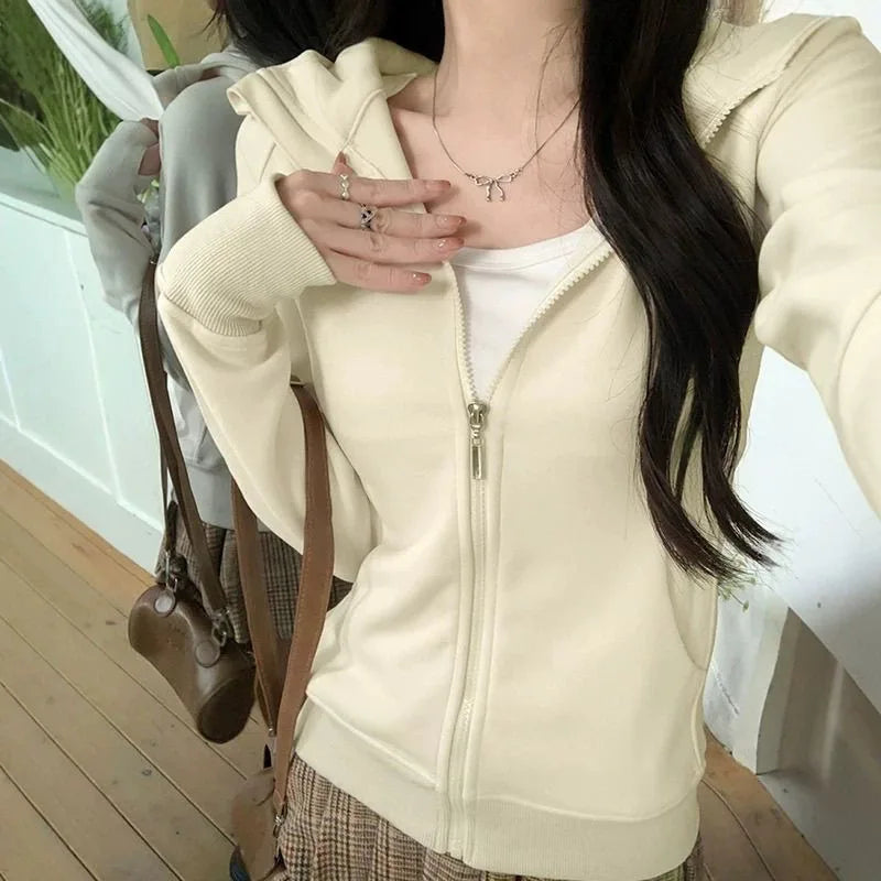 Slim Fit Hoodie Jacket Women's Spring Autumn Versatile Shoulder Length Waist Cinched Sporty Open Cardigan Hooded Top