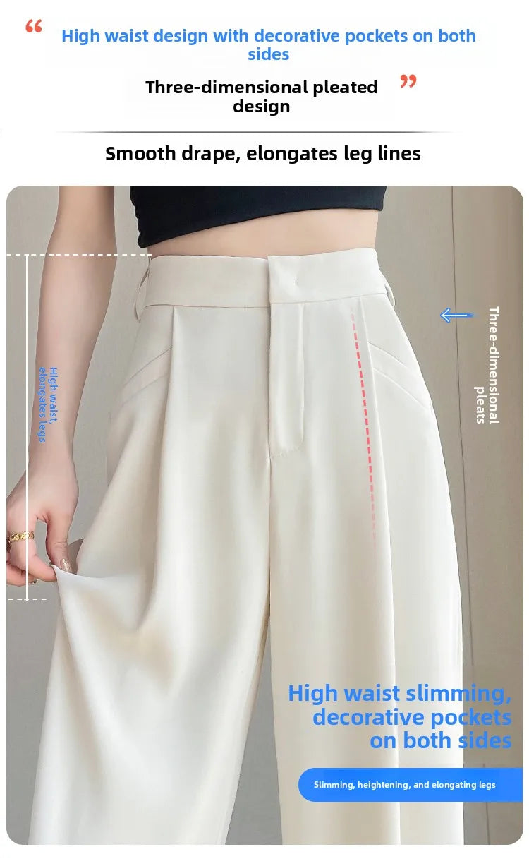 New Ice Silk Thin Straight Leg Suit Pants Women's Summer White Narrow Version XS1452025 High Waist Wide Leg Cotton Blend
