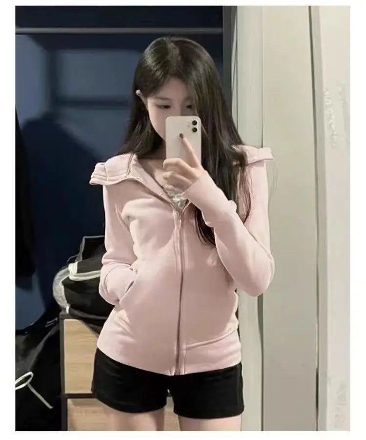 Slim Fit Hoodie Jacket Women's Spring Autumn Versatile Shoulder Length Waist Cinched Sporty Open Cardigan Hooded Top