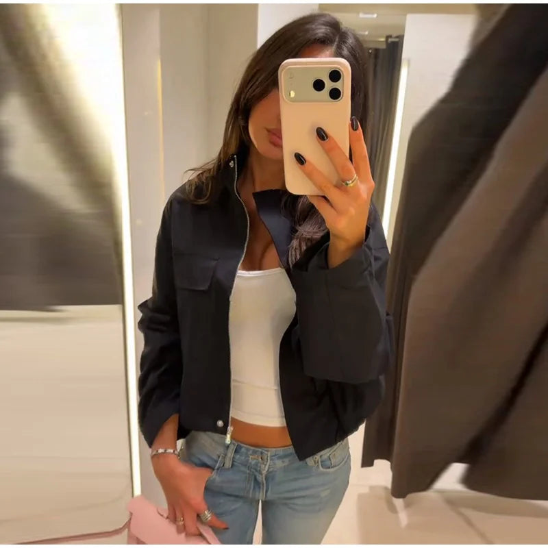 Stand Collar Hidden Button Zipper Cropped Jacket Slouchy Long Sleeve 2026 Spring Chic Commuter Women Outerwear Casual Lady Coat