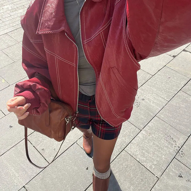 Solid Patchwork Cropped Coats Women Casual Lapel Long Sleeve Loose Zipper Pocket Short Jacket Fashion Autumn Lady Street Outwear