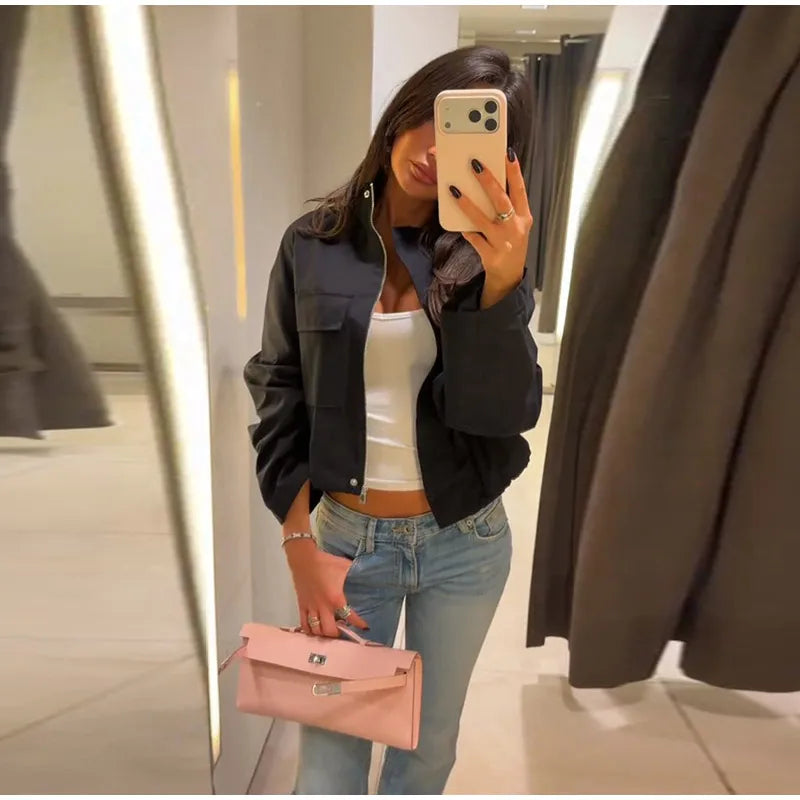 Stand Collar Hidden Button Zipper Cropped Jacket Slouchy Long Sleeve 2026 Spring Chic Commuter Women Outerwear Casual Lady Coat
