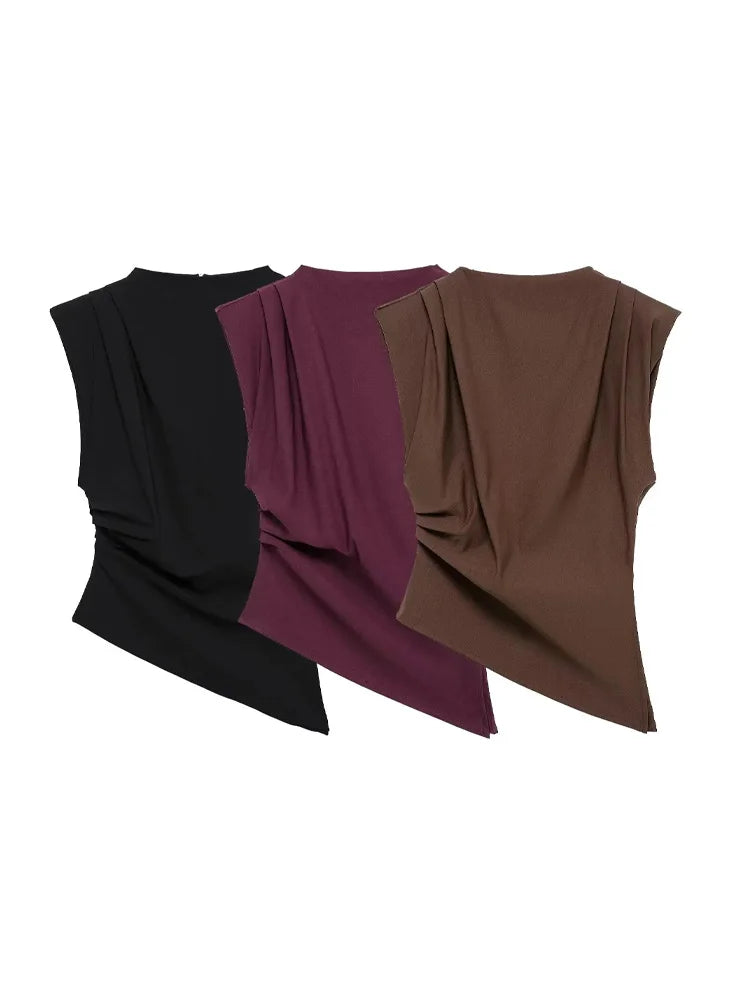 HH Women Fashion Y2K Wine Red Tank Tops Asymmetry Pleated Sleeveless Elegant Vest Summer Back Zipper Chic Slim Streetwear Top