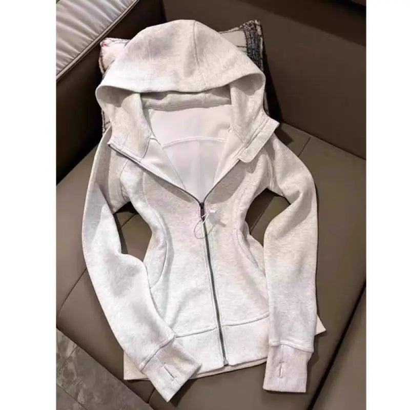 Slim Fit Hoodie Jacket Women's Spring Autumn Versatile Shoulder Length Waist Cinched Sporty Open Cardigan Hooded Top