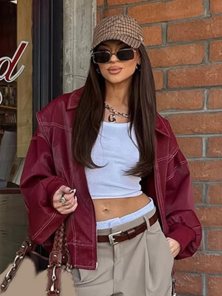 Solid Patchwork Cropped Coats Women Casual Lapel Long Sleeve Loose Zipper Pocket Short Jacket Fashion Autumn Lady Street Outwear