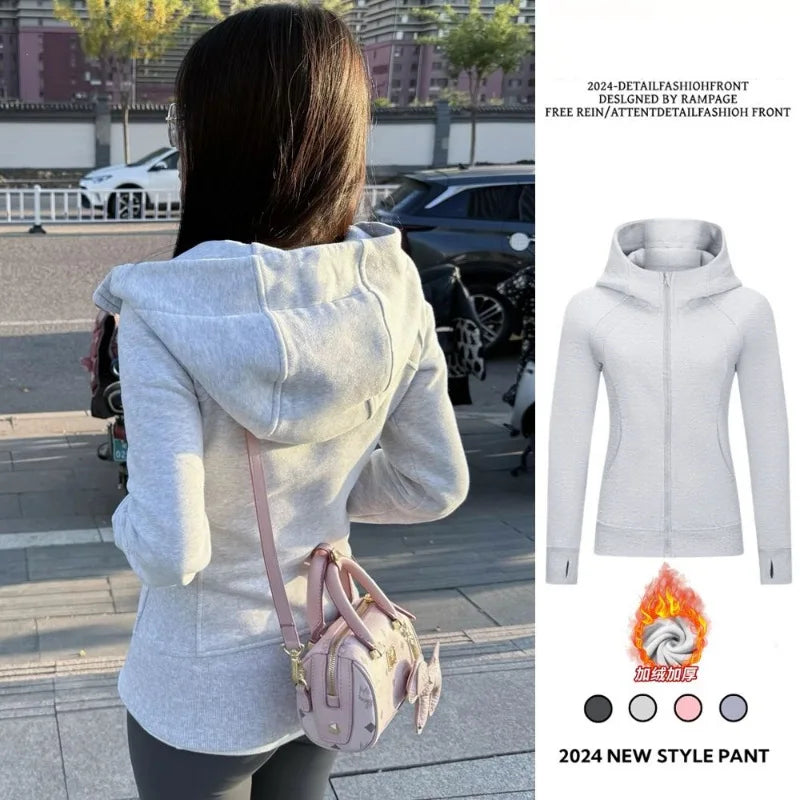 Slim Fit Hoodie Jacket Women's Spring Autumn Versatile Shoulder Length Waist Cinched Sporty Open Cardigan Hooded Top