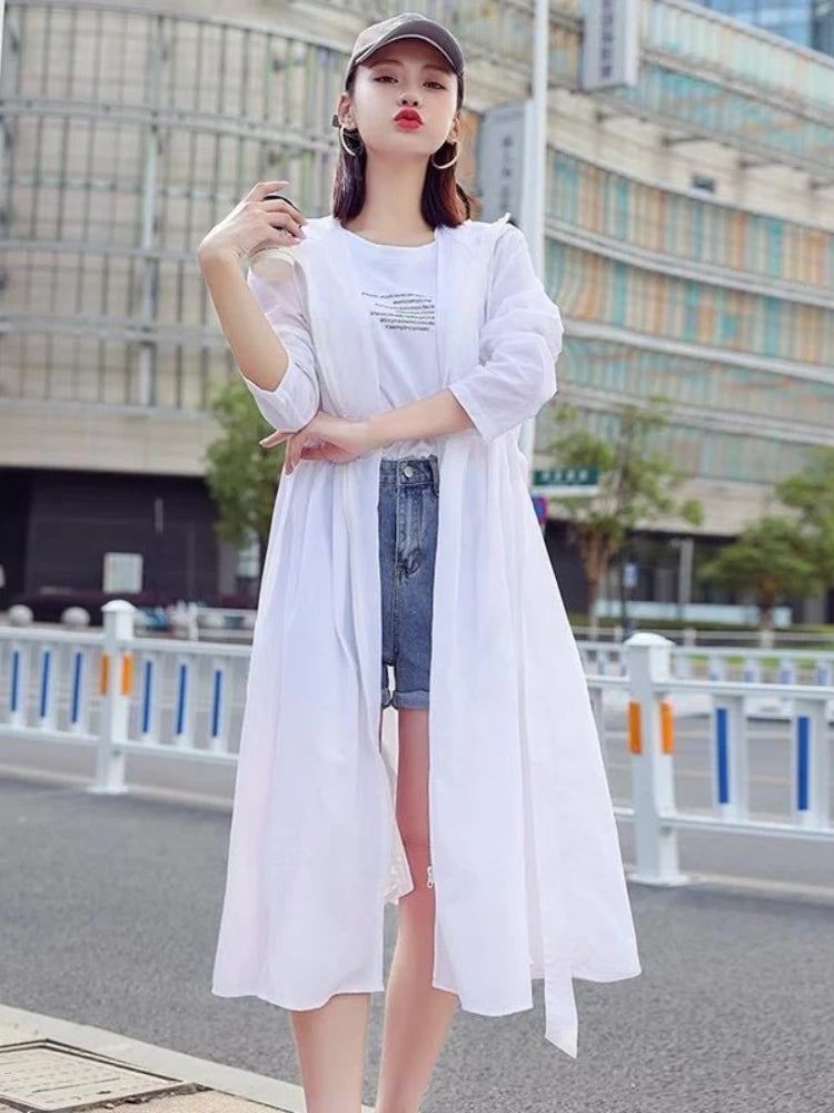 Women Clothing 2024 Women's Ultra-thin Windbreaker Mid-length Summer Sun Protection Clothes Coat Trend Korean Anti-UV Sun Cloak