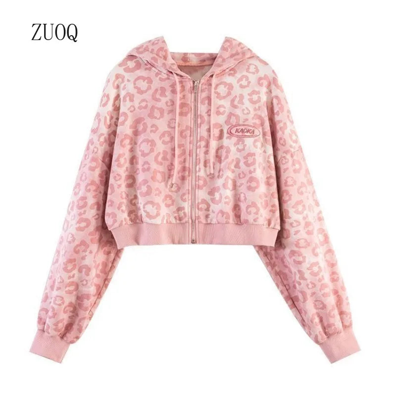 2025 New Pink Leopard Print Jacket Women Spring/Autumn Loose Hong Kong Style Vintage Hooded Woman