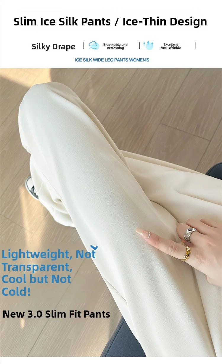 New Ice Silk Thin Straight Leg Suit Pants Women's Summer White Narrow Version XS1452025 High Waist Wide Leg Cotton Blend