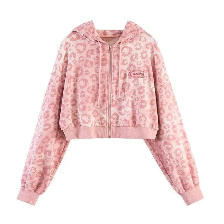 2025 New Pink Leopard Print Jacket Women Spring/Autumn Loose Hong Kong Style Vintage Hooded Woman