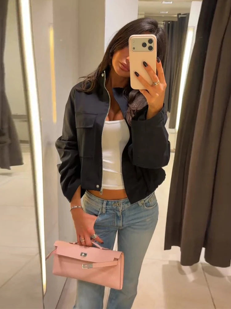 Stand Collar Hidden Button Zipper Cropped Jacket Slouchy Long Sleeve 2026 Spring Chic Commuter Women Outerwear Casual Lady Coat