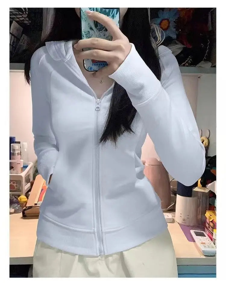 Slim Fit Hoodie Jacket Women's Spring Autumn Versatile Shoulder Length Waist Cinched Sporty Open Cardigan Hooded Top