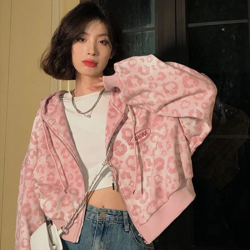2025 New Pink Leopard Print Jacket Women Spring/Autumn Loose Hong Kong Style Vintage Hooded Woman
