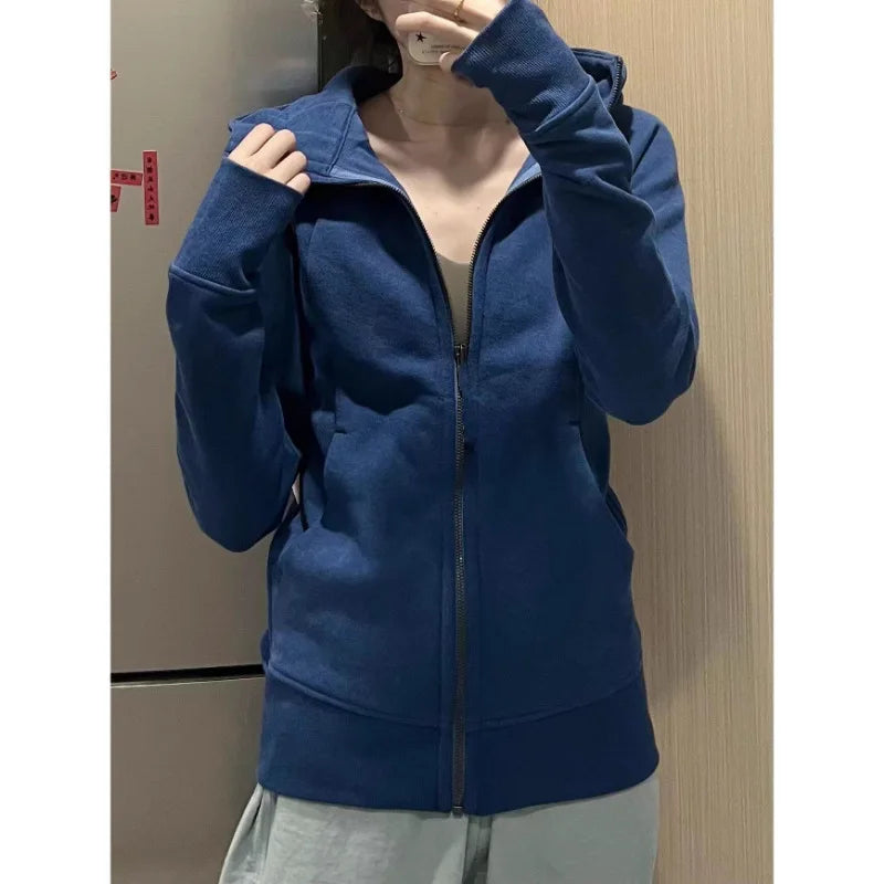 Slim Fit Hoodie Jacket Women's Spring Autumn Versatile Shoulder Length Waist Cinched Sporty Open Cardigan Hooded Top