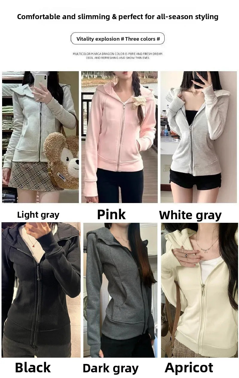 Slim Fit Hoodie Jacket Women's Spring Autumn Versatile Shoulder Length Waist Cinched Sporty Open Cardigan Hooded Top