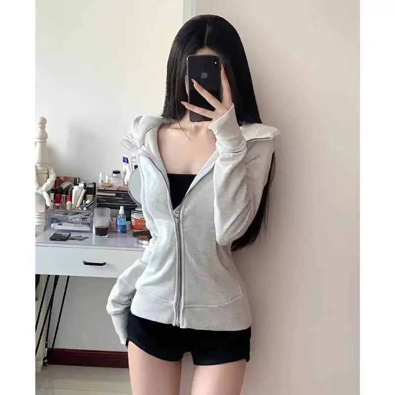 Slim Fit Hoodie Jacket Women's Spring Autumn Versatile Shoulder Length Waist Cinched Sporty Open Cardigan Hooded Top