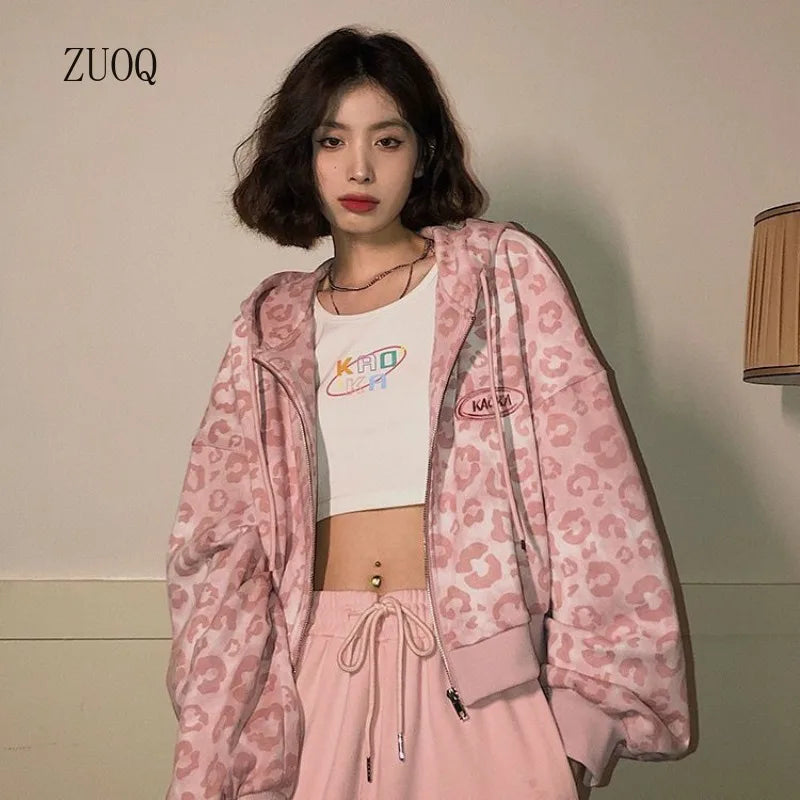 2025 New Pink Leopard Print Jacket Women Spring/Autumn Loose Hong Kong Style Vintage Hooded Woman