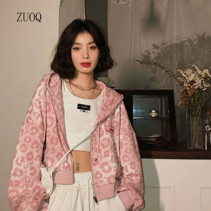 2025 New Pink Leopard Print Jacket Women Spring/Autumn Loose Hong Kong Style Vintage Hooded Woman