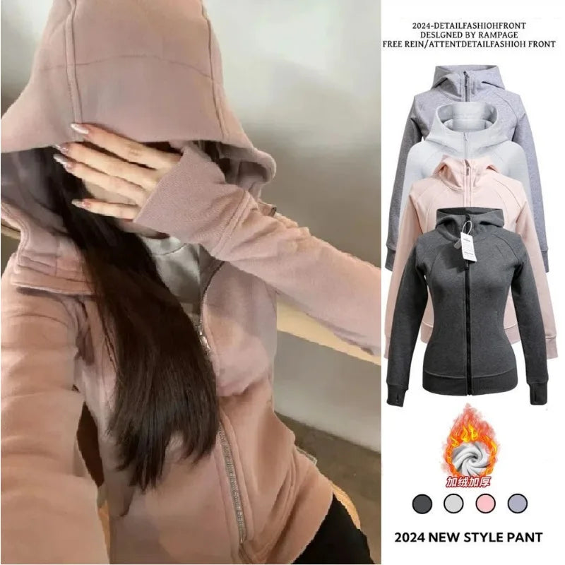Slim Fit Hoodie Jacket Women's Spring Autumn Versatile Shoulder Length Waist Cinched Sporty Open Cardigan Hooded Top