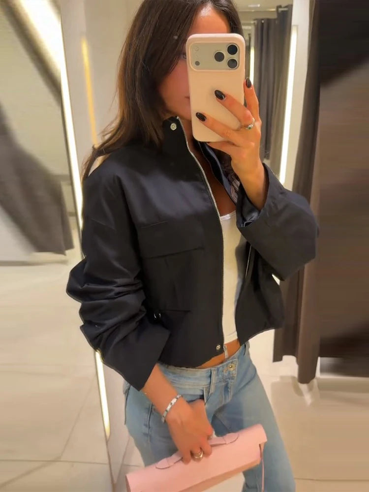 Stand Collar Hidden Button Zipper Cropped Jacket Slouchy Long Sleeve 2026 Spring Chic Commuter Women Outerwear Casual Lady Coat