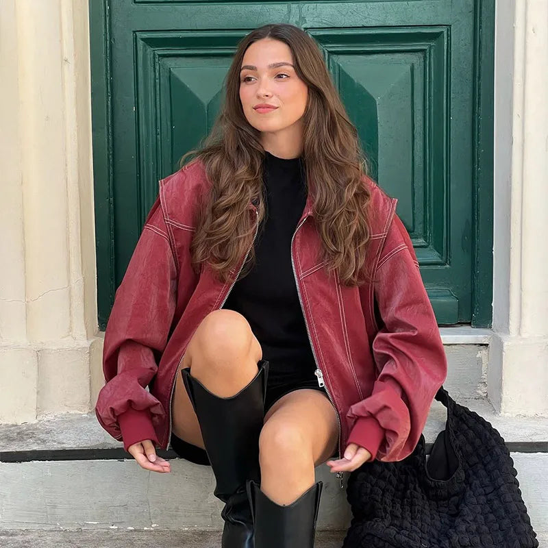 Solid Patchwork Cropped Coats Women Casual Lapel Long Sleeve Loose Zipper Pocket Short Jacket Fashion Autumn Lady Street Outwear