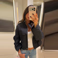 Stand Collar Hidden Button Zipper Cropped Jacket Slouchy Long Sleeve 2026 Spring Chic Commuter Women Outerwear Casual Lady Coat